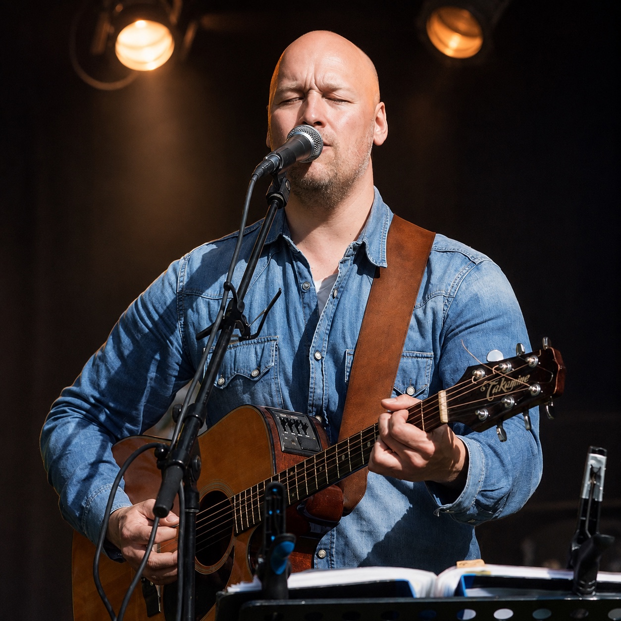 Artistporträtt av Daniel Hagman med gitarr och mikrofon, med bearbetad scenbakgrund och varmt ljus.